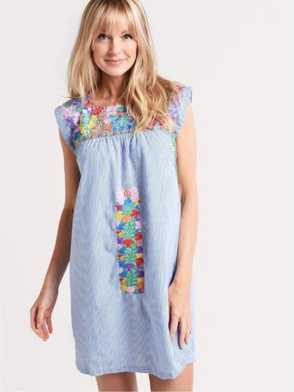 J. Marie Light Blue Striped Dress with Multicolor Floral Embroidery